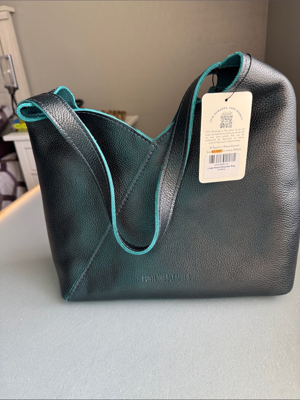 Portland Leather Black Shoulder Bag with Teal Interior - Picture 3 of 11